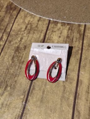 Vintage Red Enamel Hoop Clip-On Earrings - Women's Jewelry
